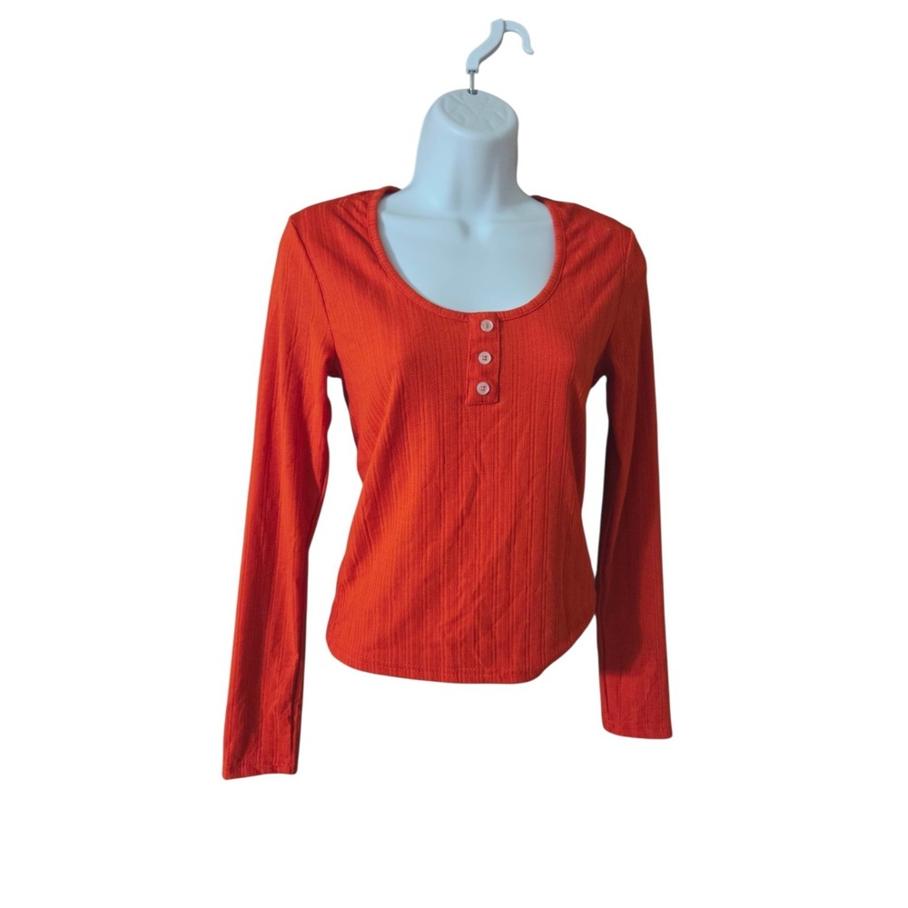 Happily Grey Red Sccop Neck Long Sleeve Fitted Top Red S NWT Y2K Style